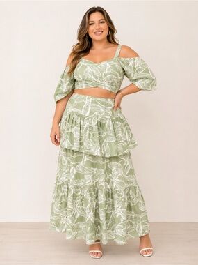 A213 • Tropical Leaf Print Two Piece Set